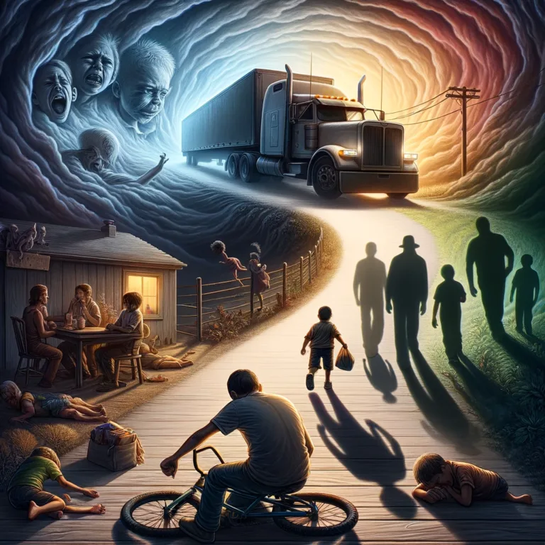 Fantastische Szene mit Lastwagen und Menschen im Abendlicht.