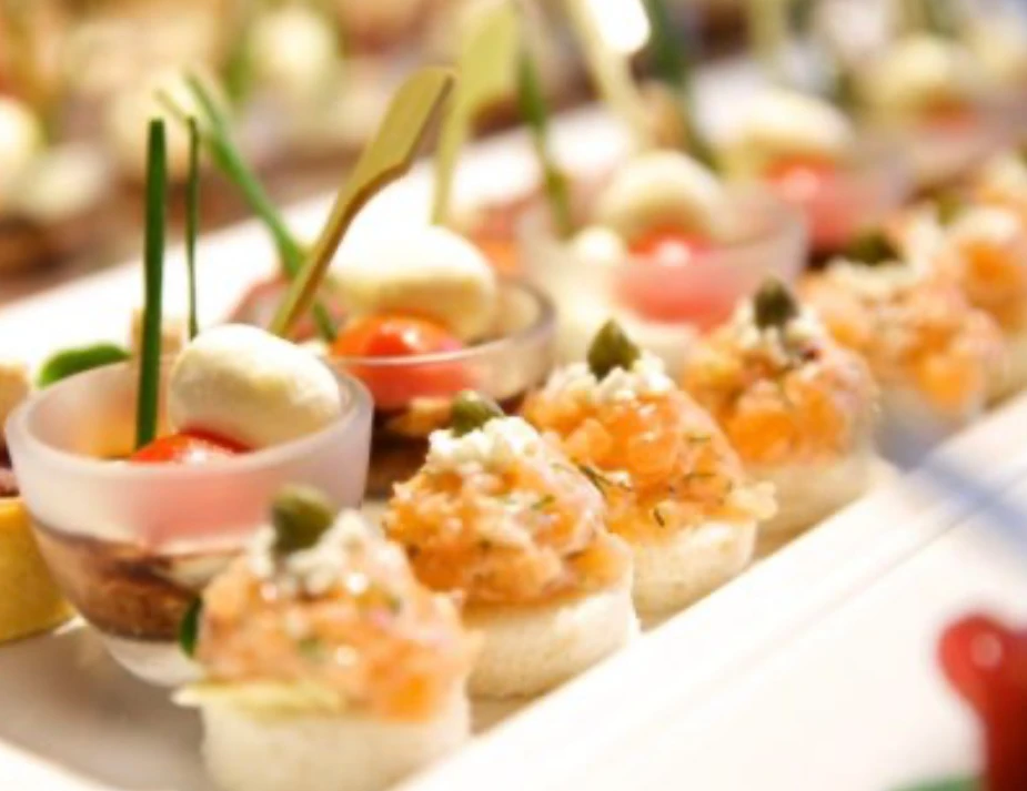 Gourmet-Kanapees mit Lachs und Mozzarella auf Platte.