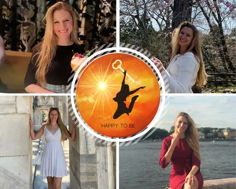 Glückliche Frau im Freien mit Collage und Motiv.