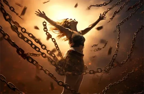 Frau befreit sich von Ketten im Sonnenlicht