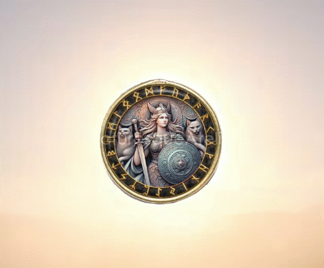 Valkyrie-Kriegerin mit Schild und nordischen Runen
